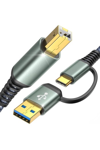 Timebox Cablu imprimantă, USB și USB-C la USB-B 2.0, placat cu aur, 2 m, nailon, gri