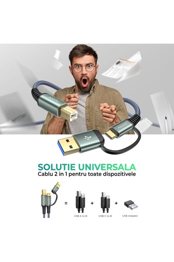 Timebox Cablu imprimantă, USB și USB-C la USB-B 2.0, placat cu aur, 2 m, nailon, gri
