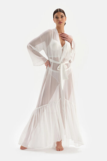 Dagi White Bride Lace Detailed Chiffon Dressing Gown