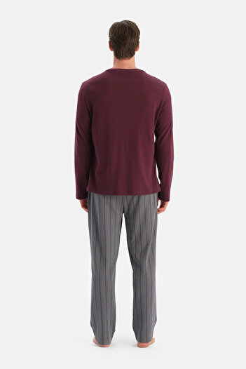 Eros Burgundy Long Sleeve V-Neck T-Shirt Pants Set