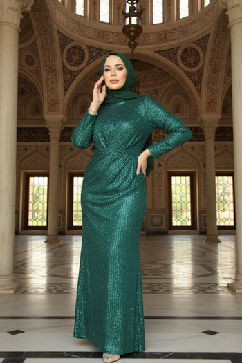 Neva Style Sequin Embroidered Emerald Green Hijab Evening Dress 3976Zy
