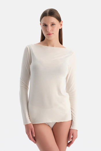 Dagi Ecru Modal Cashmere Boat Neck Long Sleeve Top