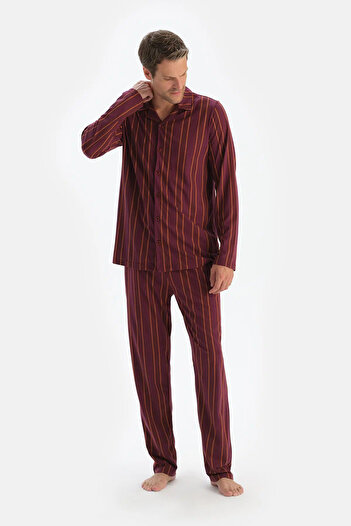 Dagi Bordo Çizgili Uzun Kollu Gömlek Pantolon Pijama Takımı