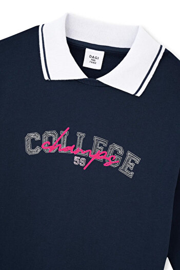 Dagi Navy Blue Polo Collar College Dress with Print Detail