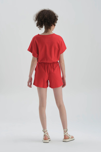 Dagi Κόκκινο Crop T-shirt από βαμβάκι με λαιμόκοψη