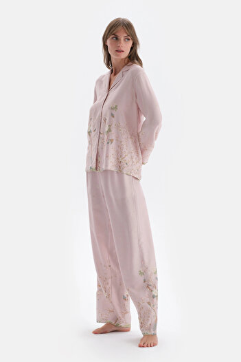 Dagi Açık Lila Metraj Baskılı Saten Gömlek Pijama Üstü