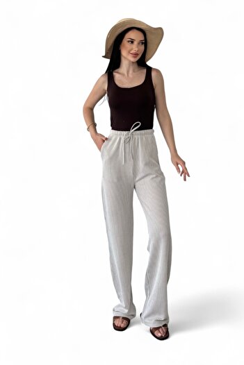 Morlex Women's Rustic Gray Palazzo White Striped Slim Fit Pocketed Wide Leg Trousers