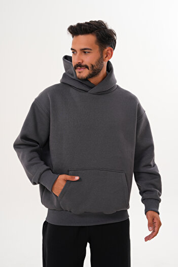 BigBrossBoutique Men's Smoked 3 Thread Basic Oversize Kangaroo Pocket Hooded Sweatshirt