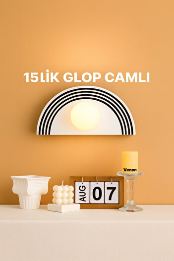 VENON Yarım Ay BEYAZ Siyah Çizgili Duvar Lambası Paslanmaz Metal Aplik 15 Cm Glop Camlı Otel Aydınlatma