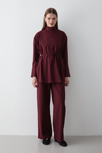 JASTE Women's Burgundy Stand Collar Belted Tunic & Button Detailed Elastic Waist Pants Set