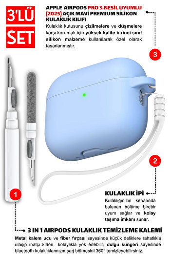 EWEC Pro 3.Nesil Uyumlu Açık Mavi Premium Silikon Kılıf, Kulaklık İpi, 3'ü 1 Arada Temizleme Kalemi Seti