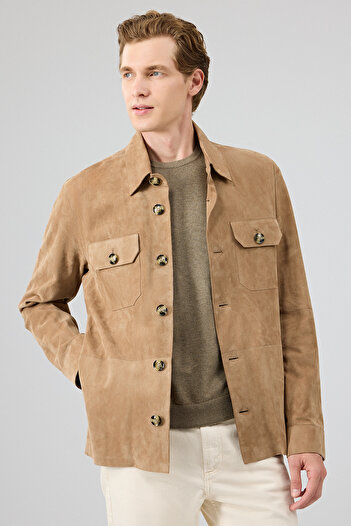 Derimod Osimhen Men's Beige Shirt Collar Suede Leather Coat 25Wgd657710