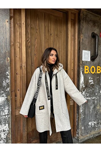 Robin ROBİN Kadın Kapüşonlu Torba Cep Astarsız Hafif Buklet Kaşe Oversize Kaban
