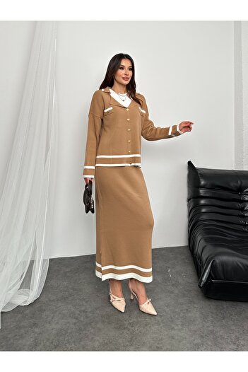 Hatun Atila Hatunatila Gold Buttoned Skirted Knitwear Set Camel - 5030