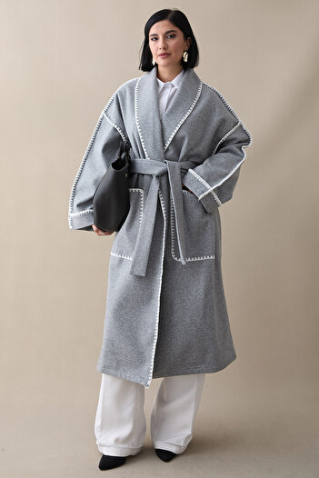 InStyle Shepherd Stitch Belted Grey Stamp Coat