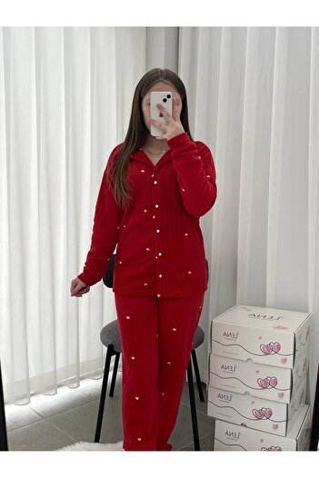 Lena Homewears Kırmızı Dreams Kalp Desenli Düğmeli Polar Pijama Takımı