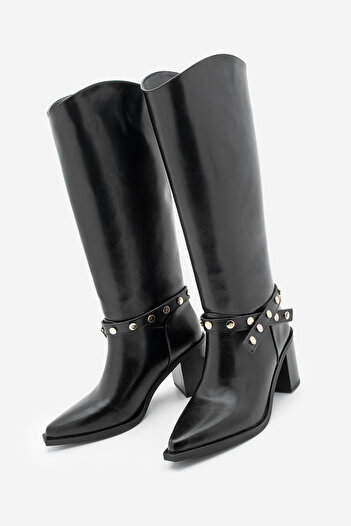 Marjin Women's Pointed Toe Zipperless Detachable Buckle Trock Studded Heeled Boots Fuslep Black
