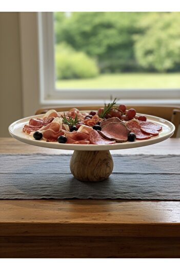 qtahya homes queen of kütahya Modern Porcelain - Presenter Serving Plate with Wooden Legs, Bowl