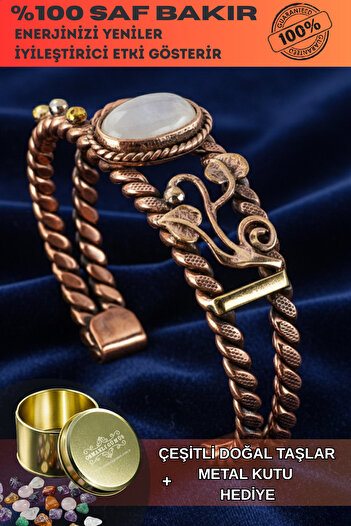 OSMANLI GÜMÜŞ Women's Copper Bracelet – Quartz Stone Double Twist Model Copper Bracelet - Metal Box and Natural Stones