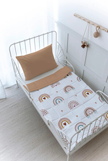 Tuğba Kuğu Organic Printed Montessori (100X200) Quilt Set - Iconic Series - Salmon Star Rainbow