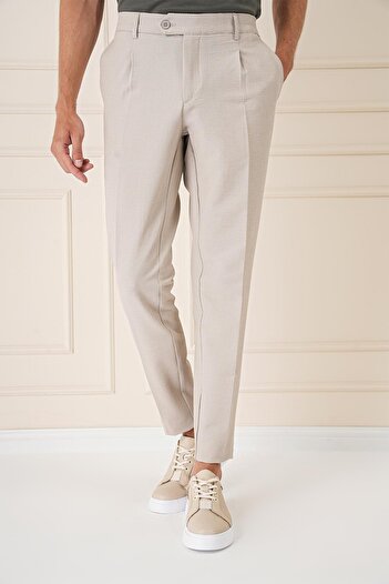 Efor Comfort Fit Gofre Kumaş Pileli Pamuk Casual Bej Pantolon P 1148