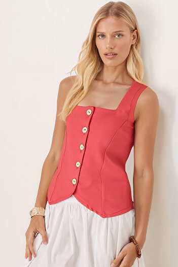 armonika Women's Dusty Rose Square Neck Lace-Up Detail Linen Look Vest Arm-25Y001089
