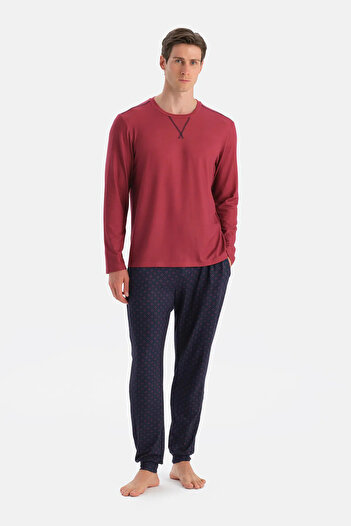 Eros Red Stitching Detailed Long Sleeve Thermal T-Shirt Pants Pajama Set