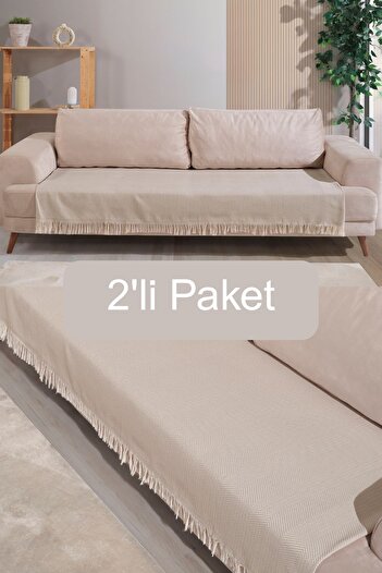 Miracolo Home Bej Pamuklu 2'li Koltuk Örtüsü 115x200 Önden Saçaklı Çizgili Desenli