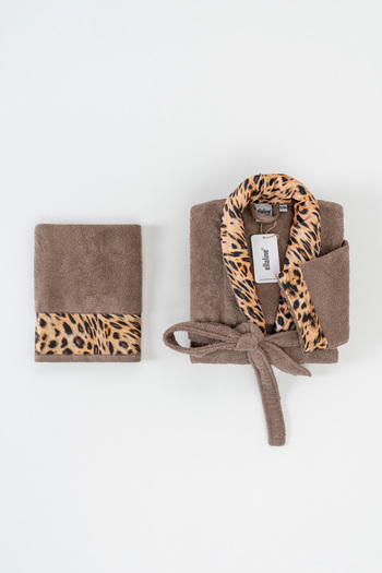 Ellaline Leopard Patterned Bathrobe Set 100% Cotton Certified, 2 Pieces, Beige Color