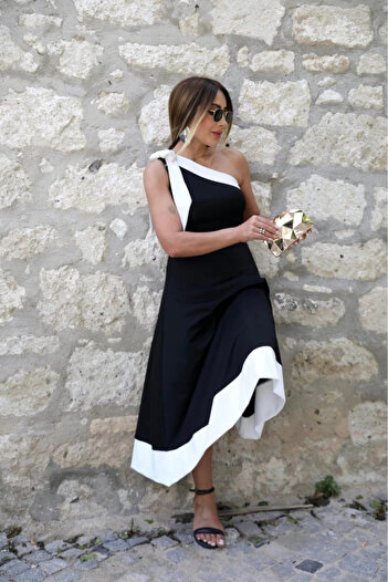 buHillco Black One Shoulder Ribbon Detailed Women's Crepe Dress