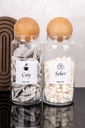 DNS HOME 2-Piece Tea & Sugar Jar Set Glass Jar with Wooden Lid and Label Storage Container 1300 ml