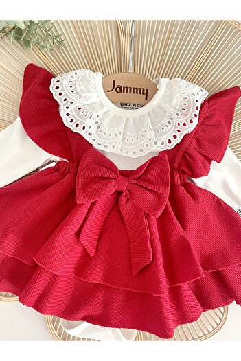 Jammybaby Luana Jile Elbise Fiyonklu %100 Pamuk Dantelli Çıtçıtlı Body Doğumgünü Özelgün Kız Bebek Şık Takım