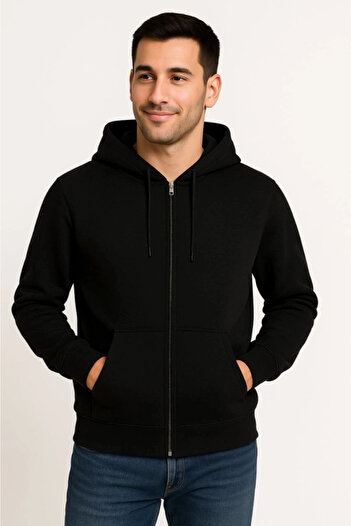 Aesco Men's Three Thread Hooded Full Zipper Kangaroo Pocket Sweatshirt Hoodie - Black
