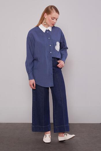 Levidor Blue Ribbed Stitched Wideleg Jeans