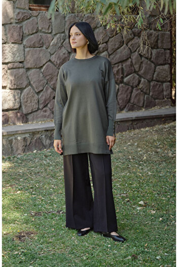 Fatma Atasoy Khaki Basic Mercerized Knitwear Sweater with Gold Buttons