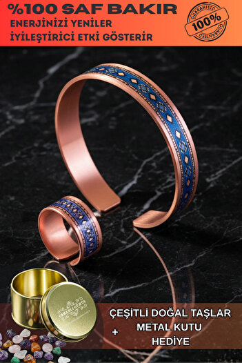 OSMANLI GÜMÜŞ Women's Copper Bracelet Ring Set - Lola Model Special Edition Metal Box and Quartz Stone