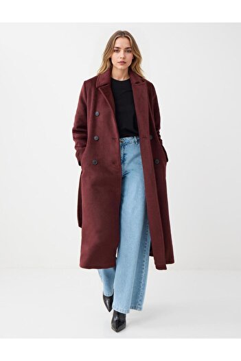 Jimmy Key Burgundy Double-Breasted Collar Belt Detailed Cashmere Coat