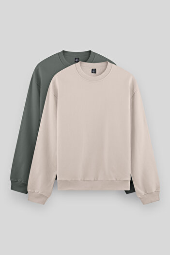TOMMY LIFE Standard Fit Basic O Neck 2-Pack Beige-Cagla Men's Sweatshirt - 88053