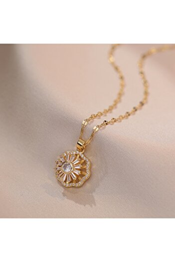 Polly Set bijuterii floare, placate cu aur de 18 K, cu pandantiv rotativ si strasuri