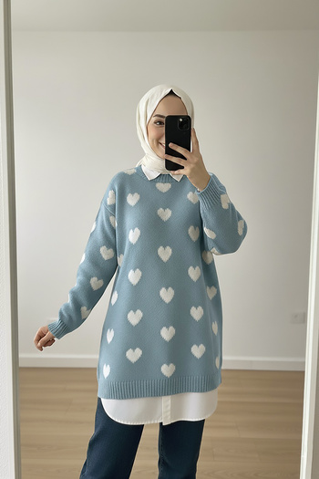 MODAQU Pulover moale cu model de inimă - albastru gheață