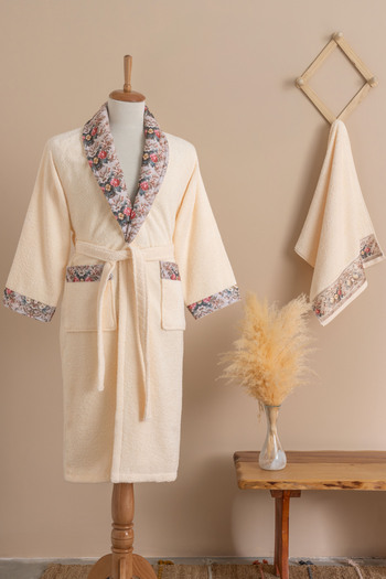 Ellaline Fiore Floral Pattern Bathrobe Set 100% Cotton Certified, 2 Pieces, Cream Color