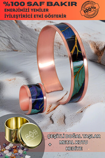 OSMANLI GÜMÜŞ Women's Copper Bracelet Ring Set - Elisa Model Special Edition Metal Box and Quartz Stone