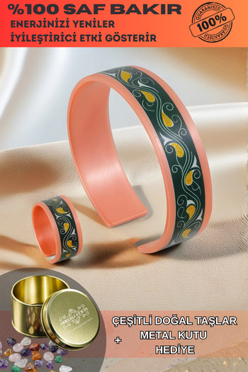 OSMANLI GÜMÜŞ Women's Copper Bracelet Ring Set - Pia Model Special Edition Metal Box and Quartz Stone