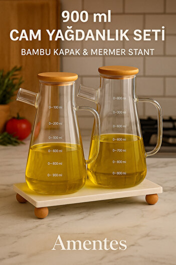 Amentes Bamboo Lid Vacuum Borosilicate Set of 3 Glass Oil Bottle Vinegar Bottle Marble Base