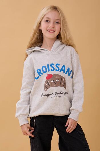 Perendi Girl's Hooded Croissant Printed Sweatshirt with Fleece Inside Gray Melange