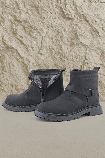 Rakerplus Real Fur Genuine Leather Black Nubuck Zippered Children's Boots