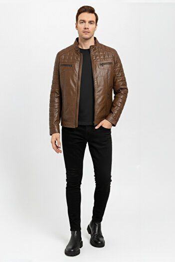 Deriderim Taba Oscar Quilted Stitched Suede Navy Blue Garnished Zippered Genuine Leather Coat