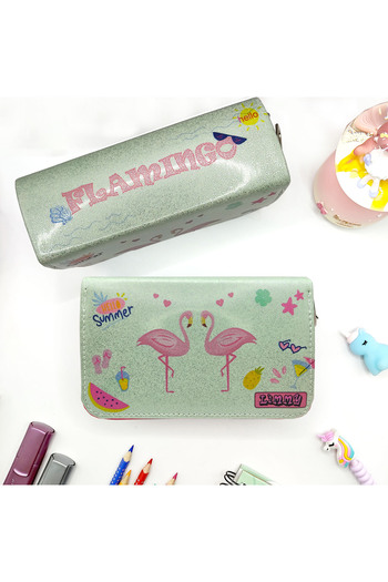 Limmy Μολυβοθήκη Glittery Sparkly Swan Flamingo Vegan Δερμάτινη θήκη για στυλό με τρία διαμερίσματα - Ροζ