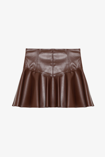 Quzu Flounce Leather Mini Skirt Brown
