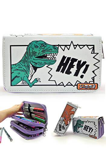 Limmy Kalem Kutusu Dinozor Karikatür Dinosaur Organizer Kalemkutu Vegan Deri Üç Bölmeli Kalemlik - Mor